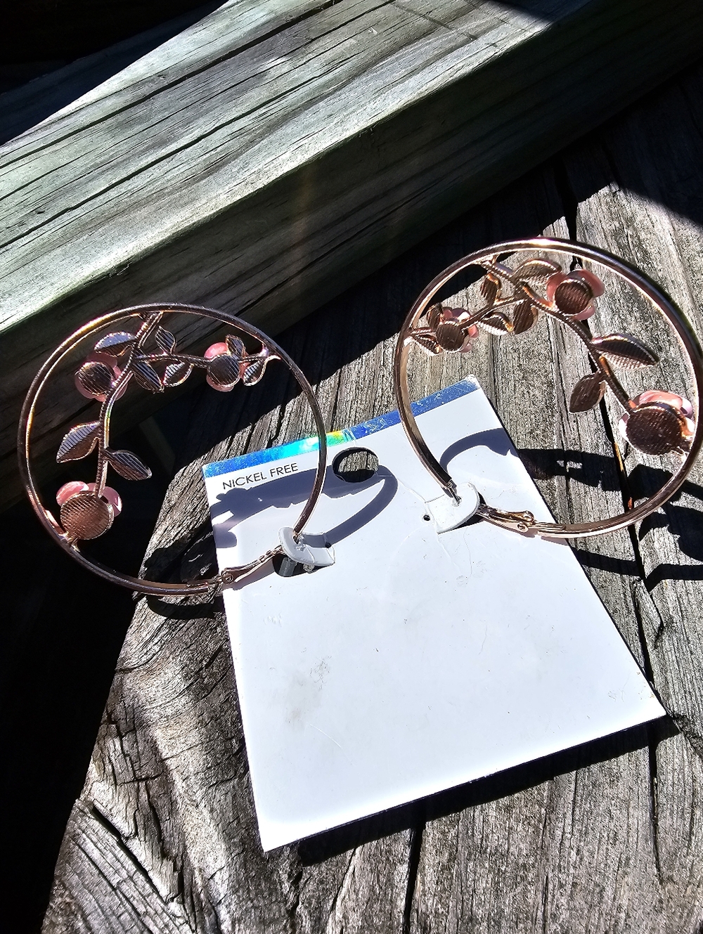 Rose Gold Floral Hoop Earrings Pink Rose Green Leaf Nickel Free NWT - Picture 6 of 10